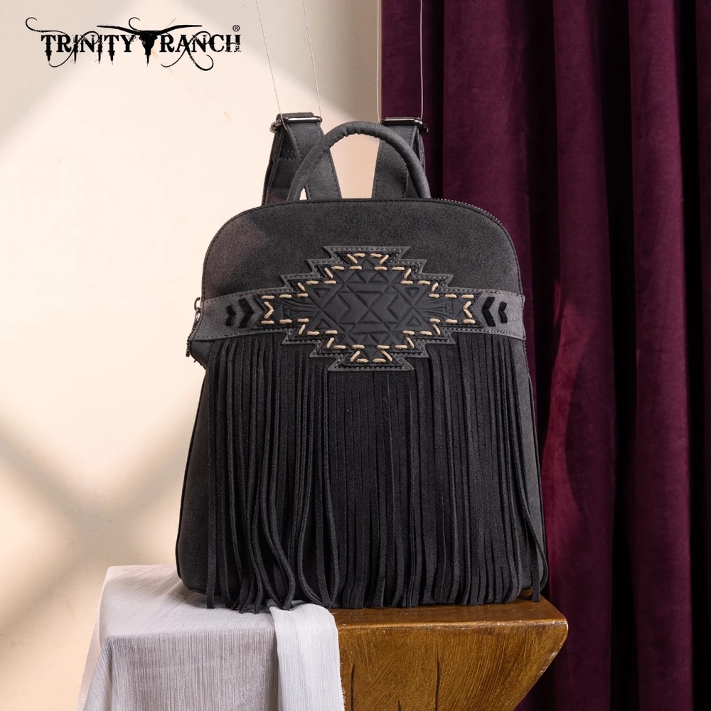 Trinity Ranch Aztec Tooled Fringe Concealed Carry Backpack Black